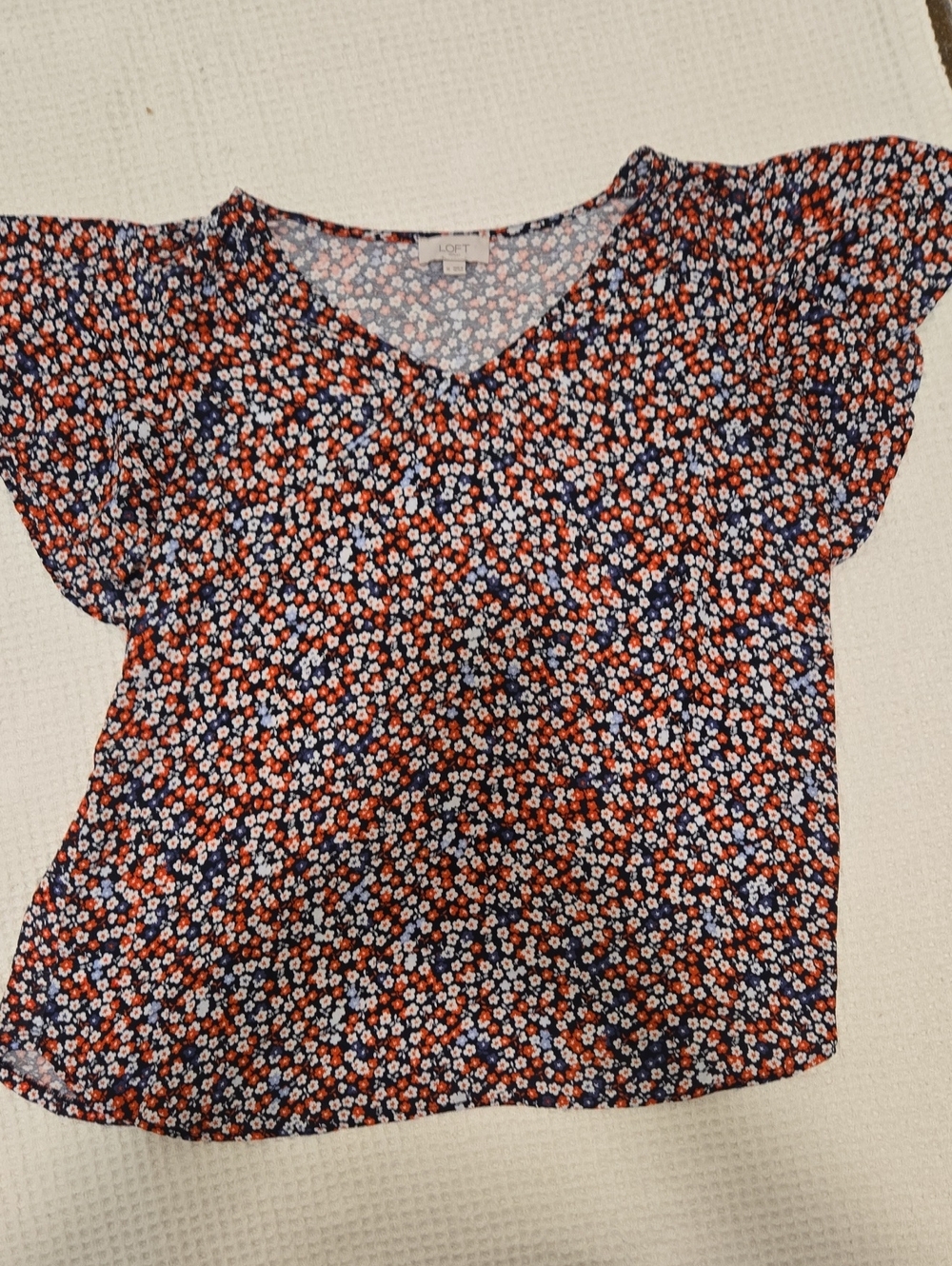 LOFT Navy Floral Cap-Sleeve Blouse with Red Accents